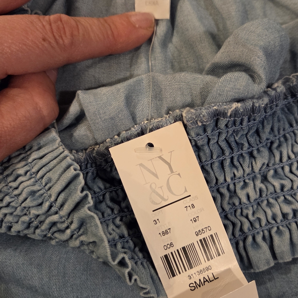 NWT New York & Company Denim Small Blue Smocked Blouse - Picture 2 of 2